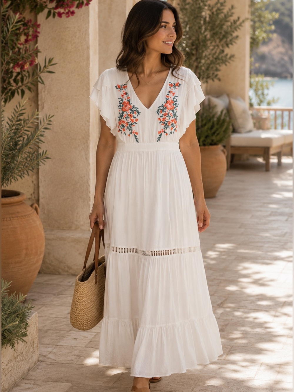 NWOT White Embroidered V-Neck Flutter Sleeve Maxi Dress